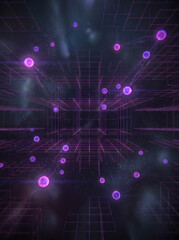 Fototapeta premium Abstract technology background with glowing purple digital grid and quantum particles in cyberspace