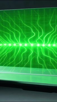 Glowing green laser light beams creating complex abstract neural network patterns in dynamic motion video animation