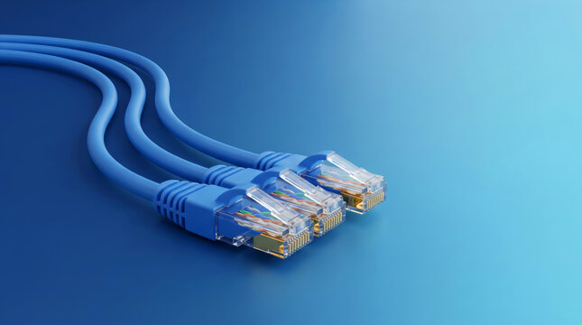 Blue ethernet RJ45 cables with transparent connectors on gradient background, network technology