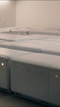 Modern white server room racks glowing in dim light for this futuristic computer animation motion footage