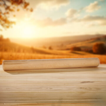 Autumn landscape with wooden table and copy space &ndash; warm seasonal concept