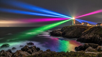 Obraz premium Lighthouse emits bright colorful light beams over dark ocean at night. Multi colored rays glow in blue pink, green colors above rocky coast. Long exposure shot shows sea waves, misty atmosphere near
