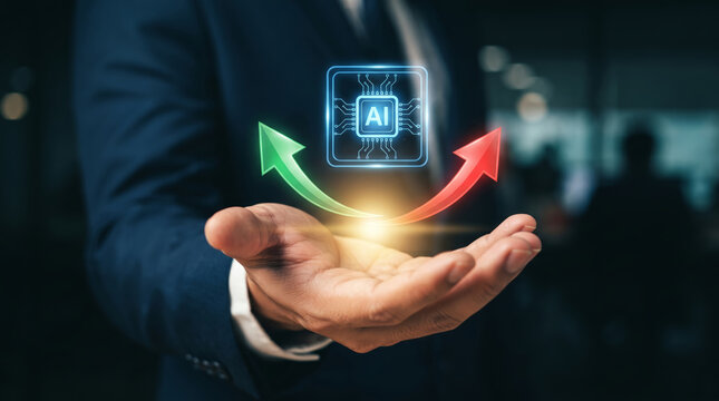 Businessman hand holding AI chip with arrows for futuristic technology innovation and artificial intelligence growth concept