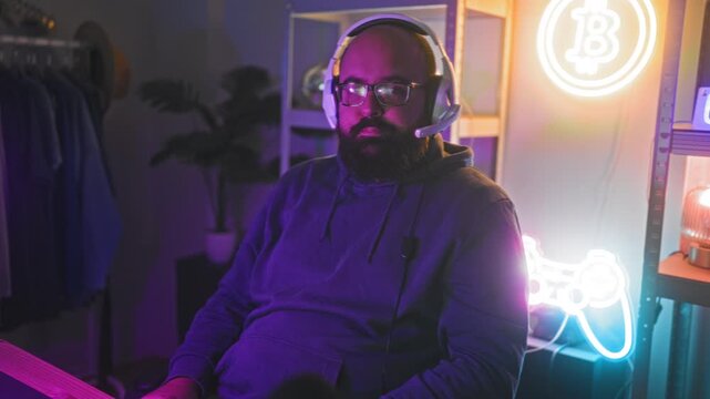 Bald bearded man with headset and glasses gives middle finger while seated in a gaming studio with neon controller and bitcoin signs, shelves and lamp; defiance.