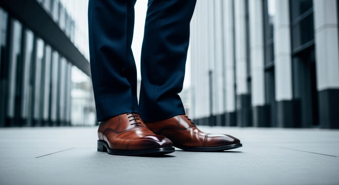 Close up of businessman legs wearing brown leather shoes standing in modern corporate building