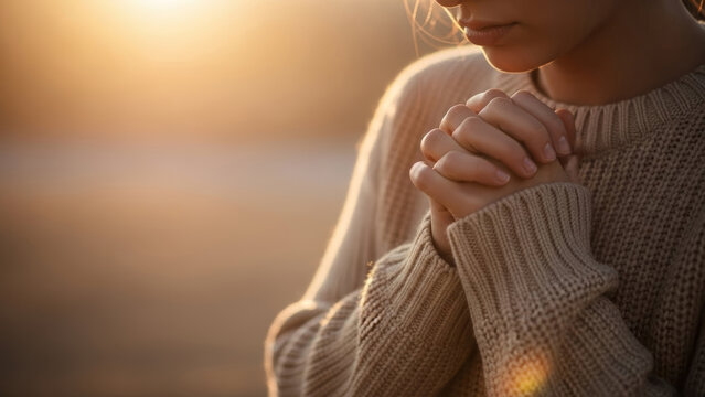 Close up of young woman praying with hands clasped in warm sunset light
