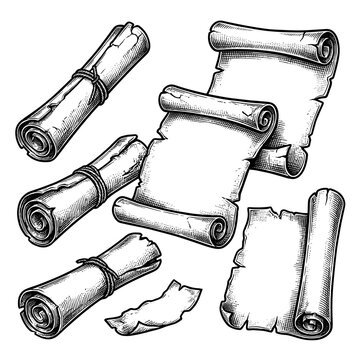 Antique Parchment Scrolls Vector Set Vintage Black and White Engraving Rolled Tied Unrolled Torn Paper Manuscripts Isolated Transparent Background