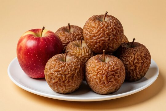 Red apple sits on plate with rotten shriveled apples. Spoiled food concept comparison. Decay over freshness on light background. Healthy versus unhealthy choice.