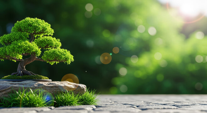Green bonsai tree on stone with blurred bokeh nature background for zen and meditation concept