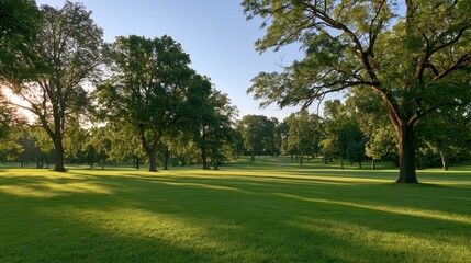 Fototapeta premium Serene meadow scene in a sunny park with mature trees and soft shadows