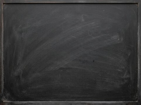 Empty black chalkboard background with wooden frame and dust texture for school education and writing chalk message