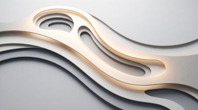 Minimal white sculptural wave panel with organic cutouts and golden edge lighting on grey background