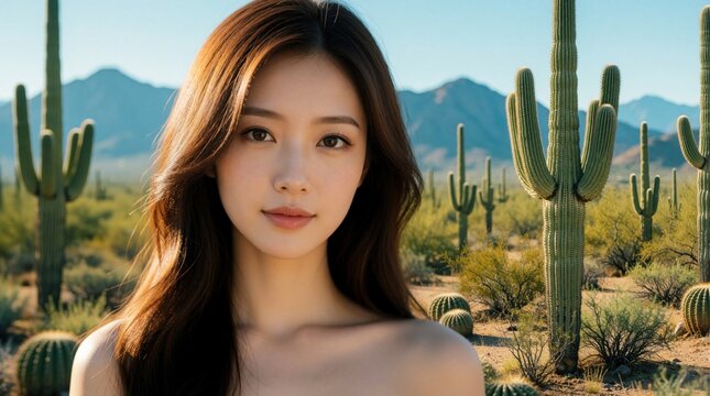 Young Asian woman poses outdoors amidst saguaro cacti and desert mountains under clear blue sky. Her hair blows gently in the breeze, conveying a sense of natural beauty and serenity.