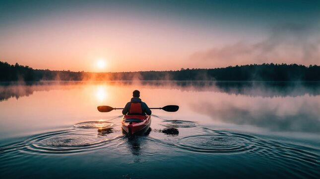 Person kayaks on calm lake at sunrise. Mist rises from water reflecting soft orange sky and forest silhouette. Paddler moves through ripples.