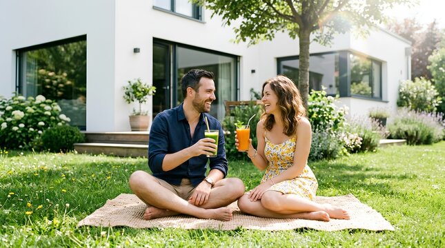 Smiling young couple relaxing cross-legged on a woven mat on a lush green lawn in front of a modern white house, sipping fresh orange juice in sunny summer garden ambiance.