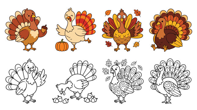 A collection of colorful and outline thanksgiving vector illustrations featuring cute turkeys for holiday design projects and crafts