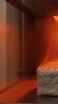 Plastic wrapped industrial block moving slowly through bright orange furnace heat in cinematic motion video clip