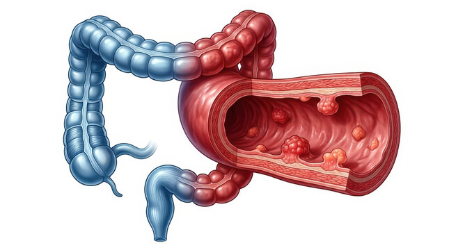 Cross section illustration of human colon showing polyps and internal growths on tissue for medical research and diagnostic use.