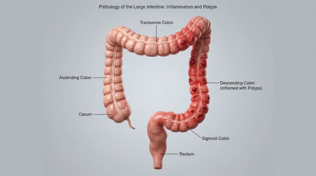 Detailed 3d visualization of large intestine featuring inflamed descending colon with polyps for medical learning resources.