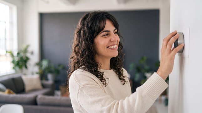Happy young woman in cozy sweater turning digital smart thermostat dial at home to optimize indoor climate control and maximize power bill energy savings during cold winter heating season.