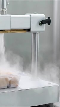 Industrial machine sealing food tray with hot rising steam in this motion animation video clip