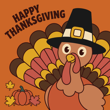A festive thanksgiving vector illustration featuring a cute turkey wearing a pilgrim hat with autumn leaves and pumpkins