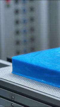 Bright blue silicone block moves slowly along an industrial conveyor belt in motion animation video footage