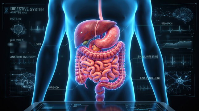 Detailed digestive system digital health analytics display highlighting human internal organs with technical data interface.