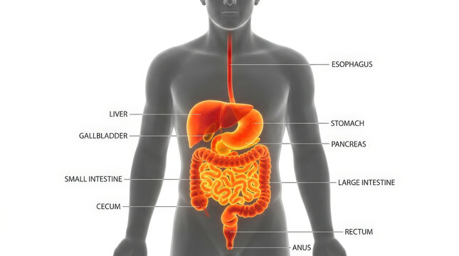 Detailed educational diagram of human digestive tract with labels showing major organs on grey male body model background board.