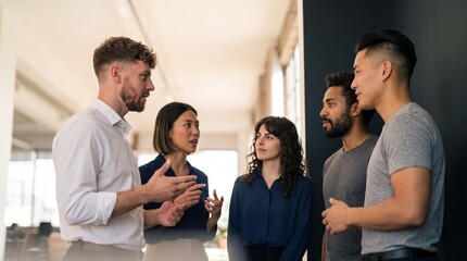 Obraz premium Diverse team of creative young professionals engaged in active fintech discussion standing in modern open space office corridor, sharing ideas during collaborative corporate startup meeting