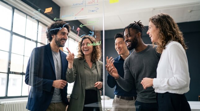 Motivated diverse business team analyzing investment flowchart on glass wall board in office, planning financial strategy, market startup growth, and corporate revenue project success now.