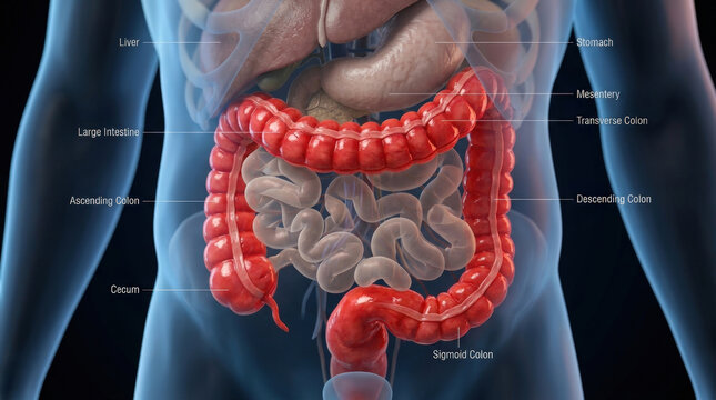 Digestive system anatomy illustration featuring red large intestine and surrounding organs isolated on black background for health.