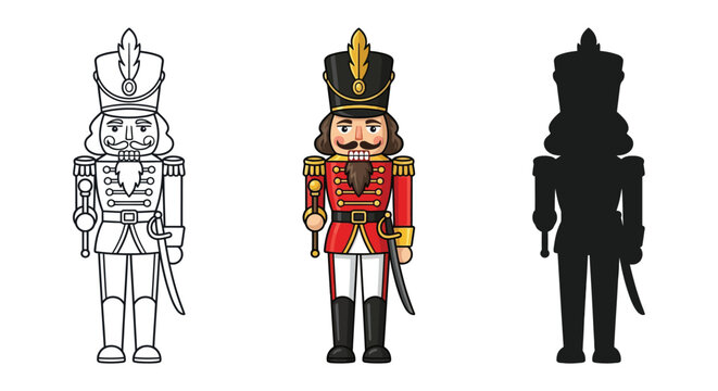 Nutcracker soldier illustration with color and silhouette variations on a white background