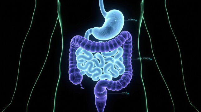 Digital holographic human digestive system model with glowing wireframe stomach and intestines for advanced medical training.