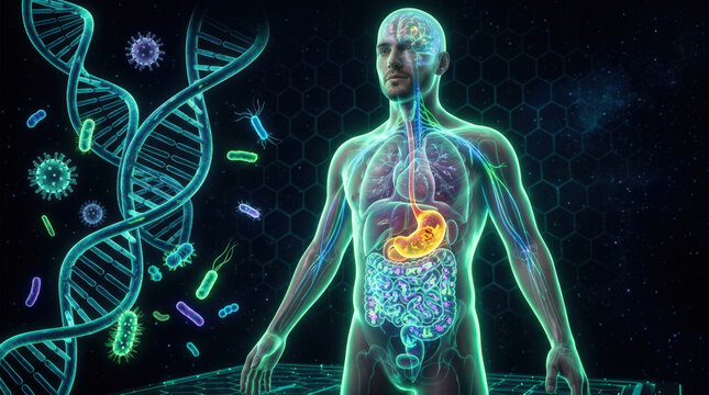 Digital human body model with DNA strands and glowing internal digestive organs illustrating gut microbiome science research.