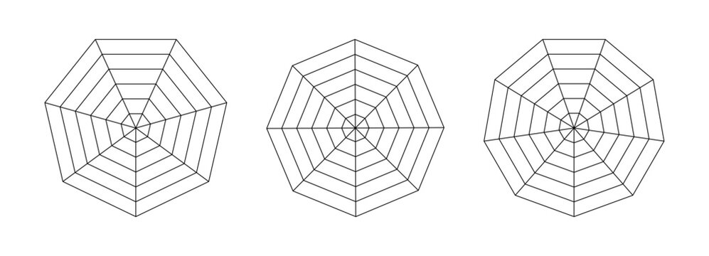 Octagon, heptagon, enneagon graphs templates. Spider, radar diagrams collection. Flat grid 8,9 and 7 segments. Coaching tool. Blank radar chart. Spider mesh. Diagram for analytics or statistic set.