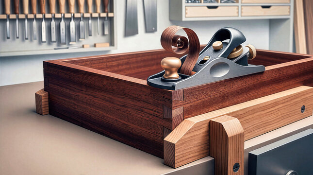 Hand plane shaving curled wood ribbon from hardwood drawer edge held in workbench vise. Crafting dovetail joint drawer box, fine woodworking, furniture restoration, precision planing in workshop