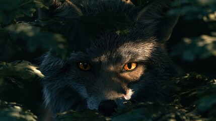 Fototapeta premium A fox with bright eyes sits quietly among dark leaves in a forest. A beam of light shines down, creating a moody atmosphere around it.
