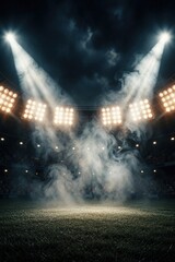Obraz premium Empty football stadium stage with dramatic smoky spotlights illuminating the field. Dramatic lighting beams down on the dark arena floor. Grass covers the ground.