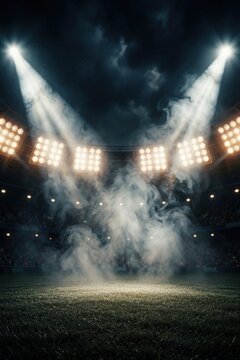 Empty football stadium stage with dramatic smoky spotlights illuminating the field. Dramatic lighting beams down on the dark arena floor. Grass covers the ground.