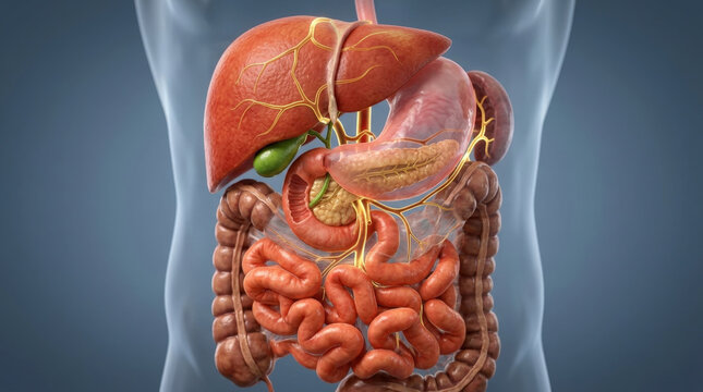 Human abdominal organs system diagram displaying liver pancreas stomach and intestines for biology education and medical study.