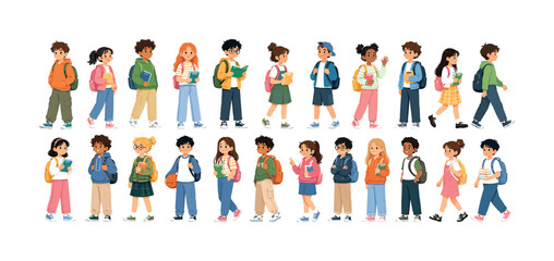 Fototapeta premium Diverse group of cartoon children with backpacks and books ready for school
