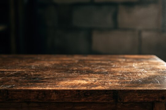 Textured wood tabletop in a dim room with a soft-focus industrial wall behind