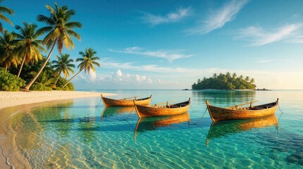 Fototapeta premium Three wooden boats float on clear turquoise water near tropical island beach. Palm trees line white sand shore under bright blue sky. Sunlight gleams on calm sea.