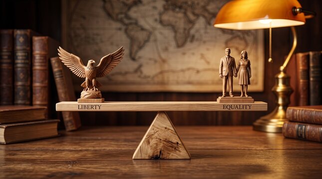 Wooden eagle and human figures balanced on a scale representing liberty and equality in a library with eagle one
