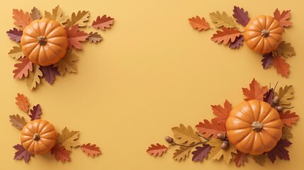 Obraz premium Festive thanksgiving background featuring orange pumpkins and colorful autumn leaves arranged as a decorative corner border frame