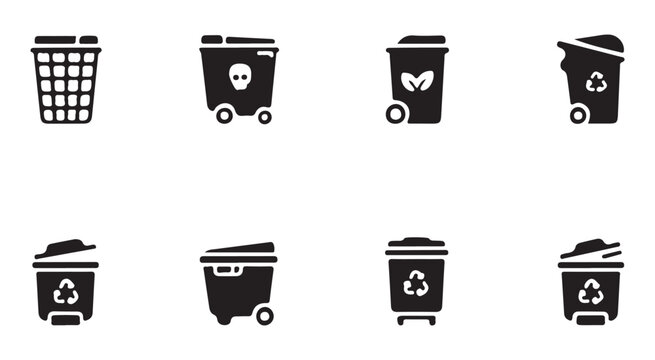 Black and white trash can icon collection: various styles and types for waste disposal.