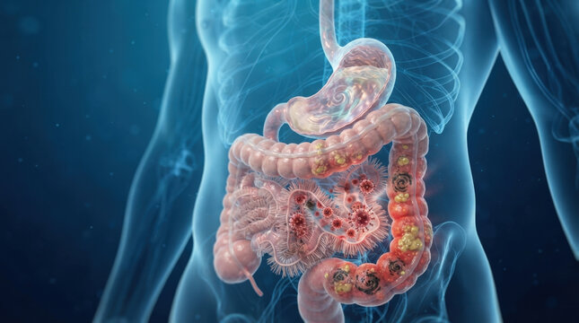 Human digestive system anatomy with highlighted inflamed intestinal tract and viral microorganisms for medical health education.