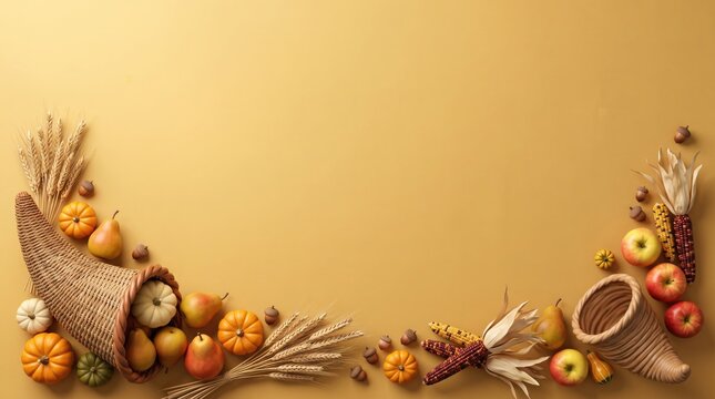 Festive thanksgiving cornucopia arrangement with seasonal fruits and vegetables on a warm golden background with copy space