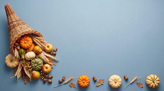 A traditional thanksgiving cornucopia filled with seasonal autumn vegetables and fruits on a soft blue background